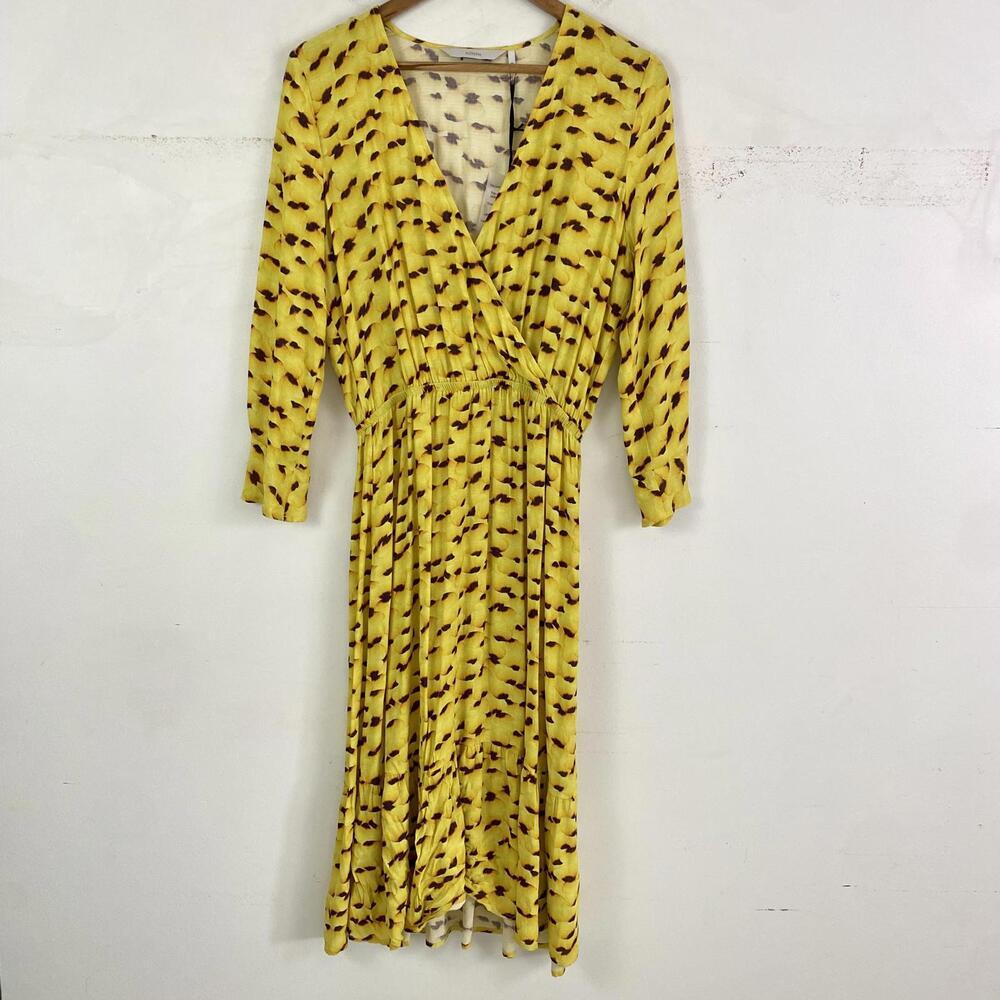 NUMPH yellow brown flower petal pattern long sleeve midi dress